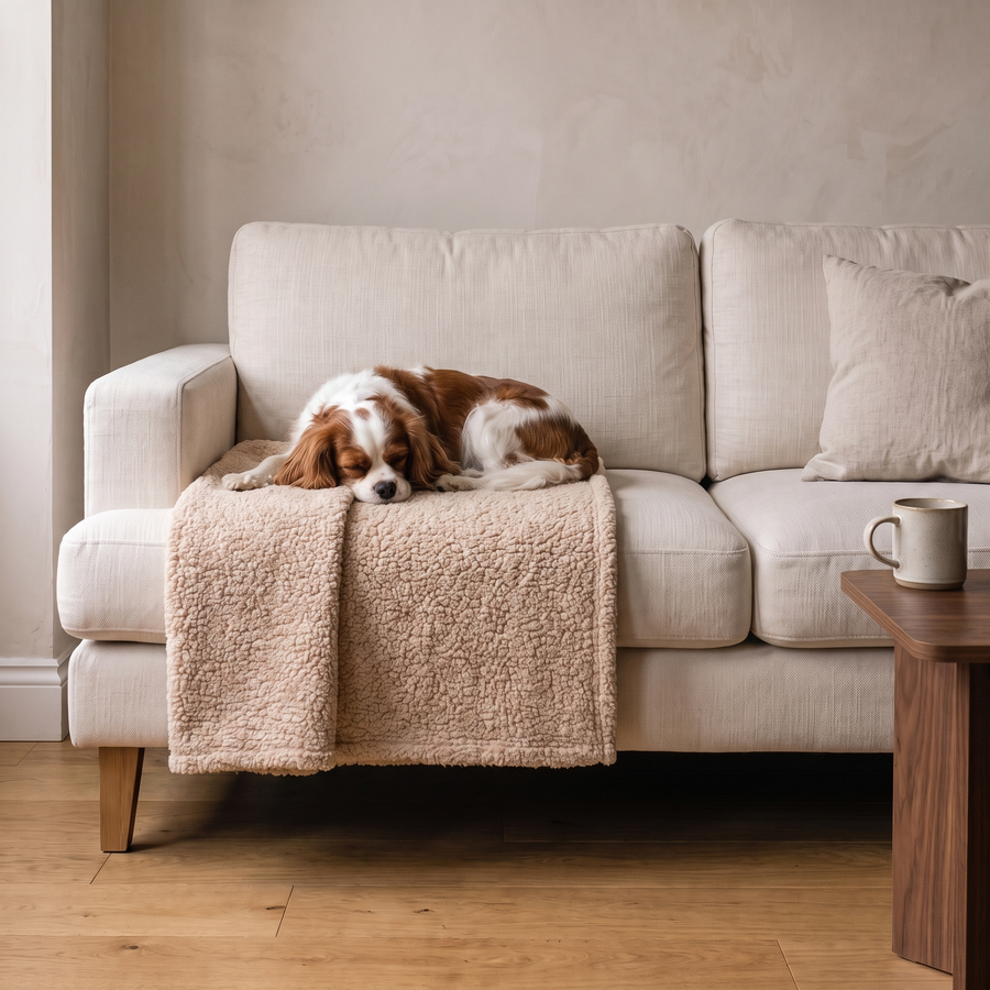 A dog resting on the Beige Pawzie Throw draped over a cream sofa