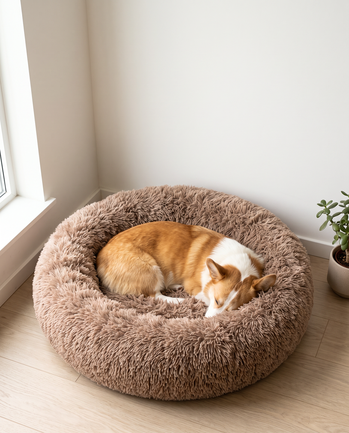 A Corgi curled asleep inside the Pawzie Halo in Mocha on a pale oak floor