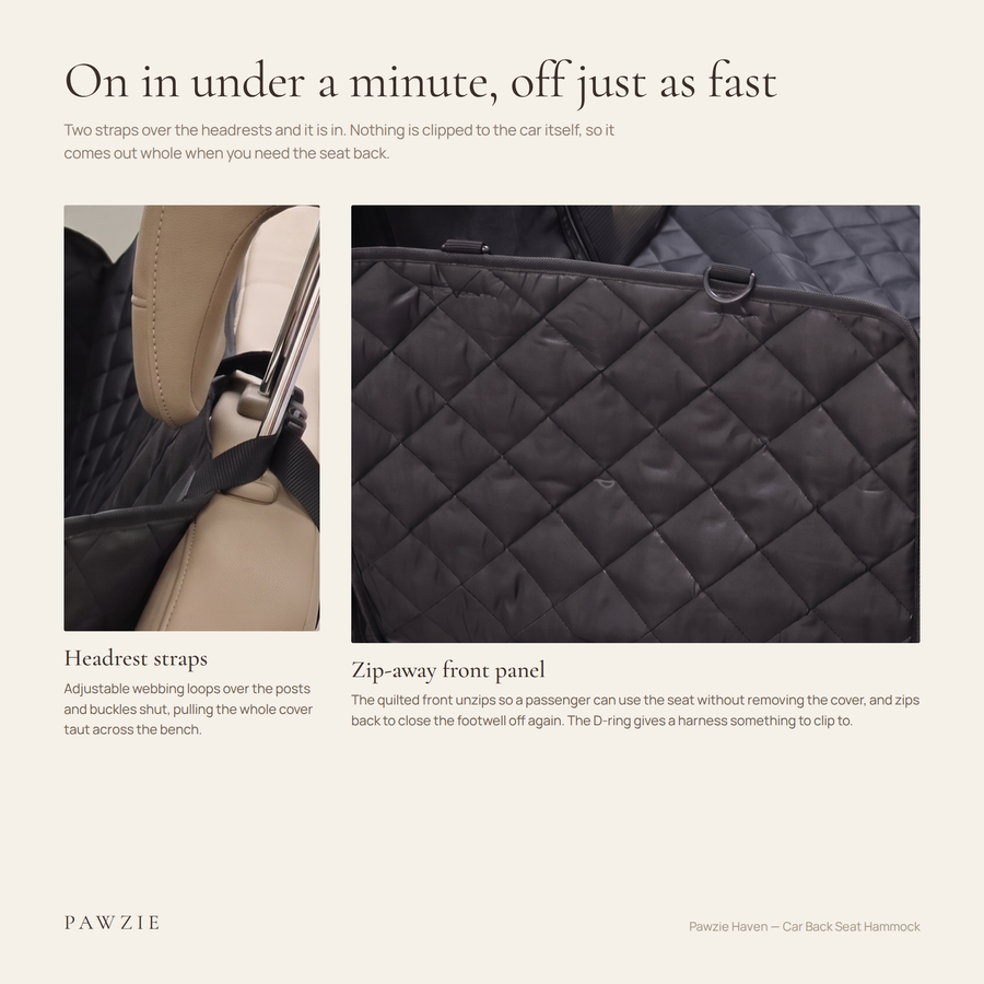 Pawzie Haven fitting details: adjustable headrest straps and the zip-away quilted front panel with a D-ring