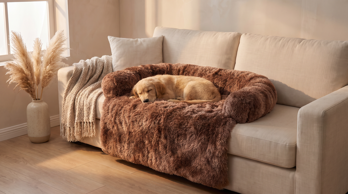 Alternate hero: the Pawzie Drape in Chocolate on a beige sofa with a golden retriever asleep on it