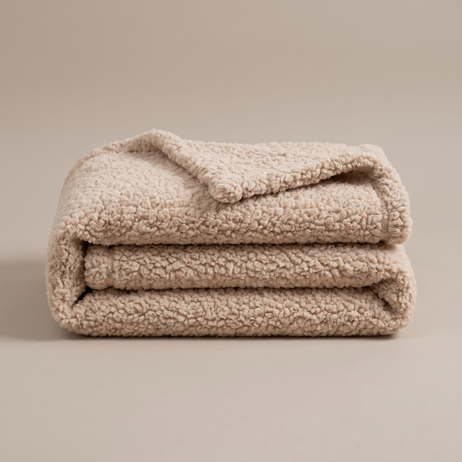 Pawzie Throw plush pet blanket in Beige, folded sherpa fleece on a plain background