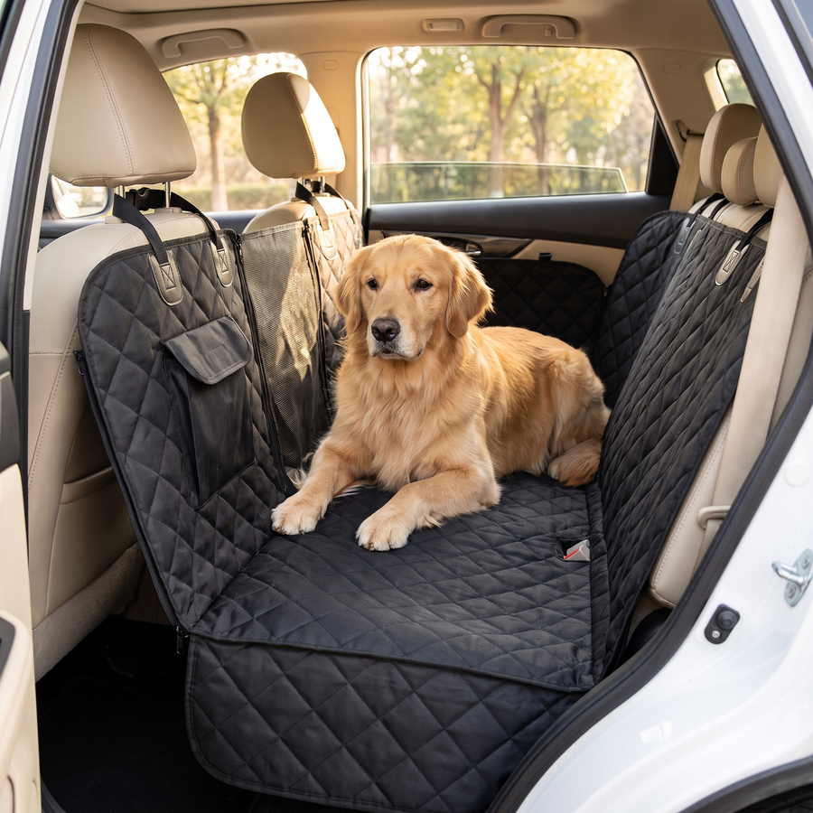 A Golden Retriever lying on the Pawzie Haven in black across an SUV rear bench, with the mesh divider and side storage pocket visible