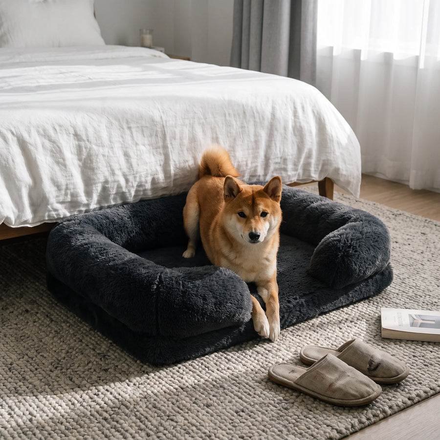 A Shiba Inu standing in the Dark Gray Pawzie Lounge bolstered dog bed beside a bed