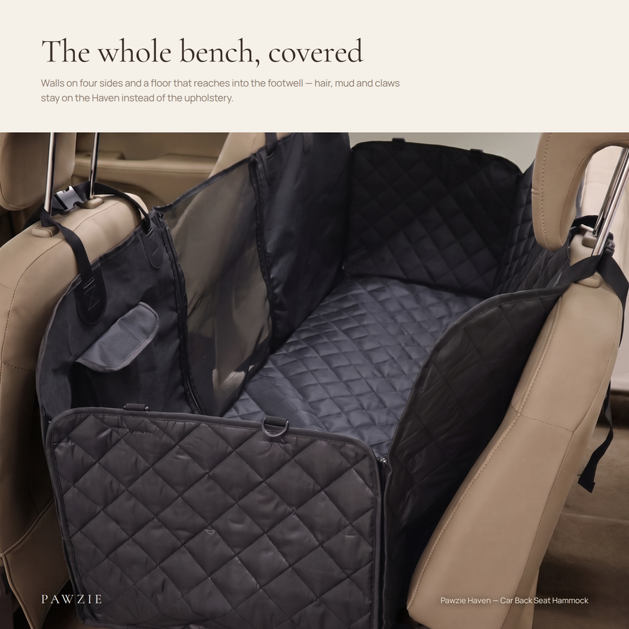The Pawzie Haven covering a full car back seat, with walls on four sides closing off the footwell