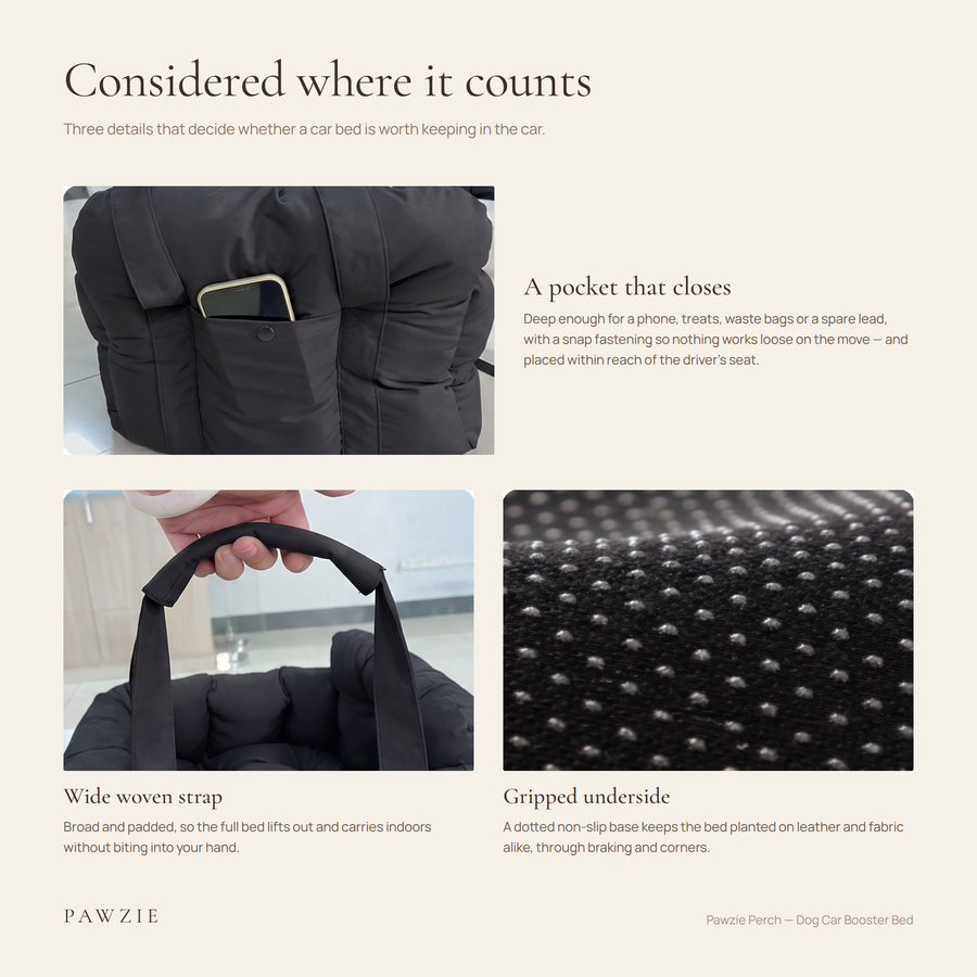 Close-up details of the Pawzie Perch: side storage pocket with brass snap, wide woven carry strap, and padded base