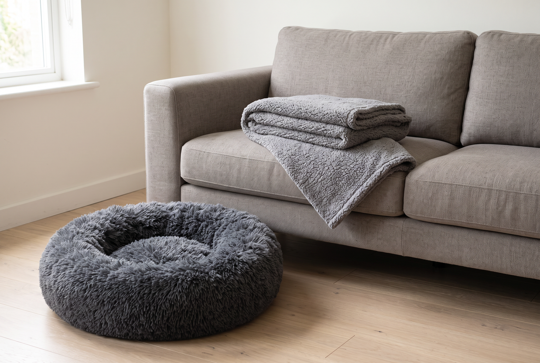 The Pawzie Halo in Charcoal on the floor with the Pawzie Throw in Gray folded on the sofa behind it