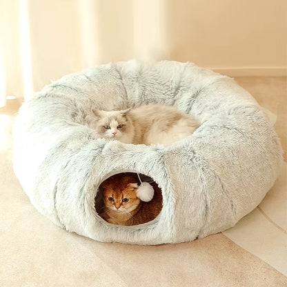 Plush Pets Cat Kennel Gray Foldable round Cats Nest Crossing Tunnel Bed Winter Warm Collapsible Basket Cushion Mat Pet Supplies