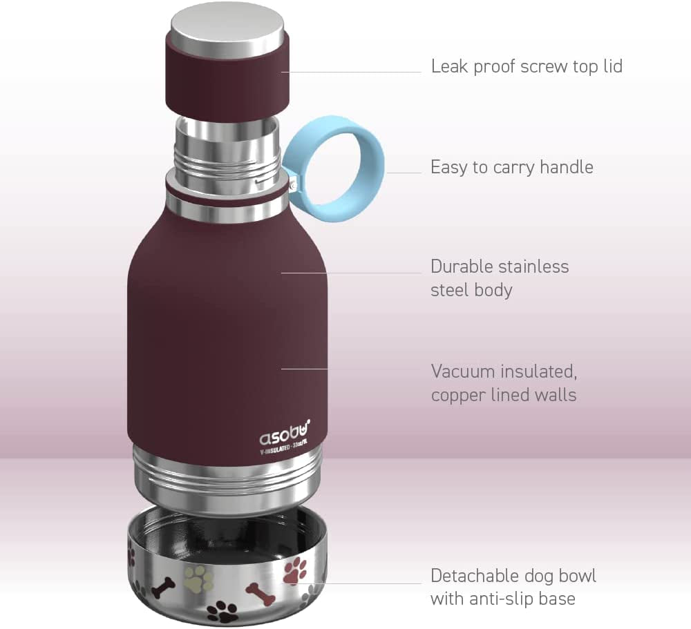 Dog Bowl Attached to Stainless Steel Insulated Bottle 1 Liter (Burgundy)