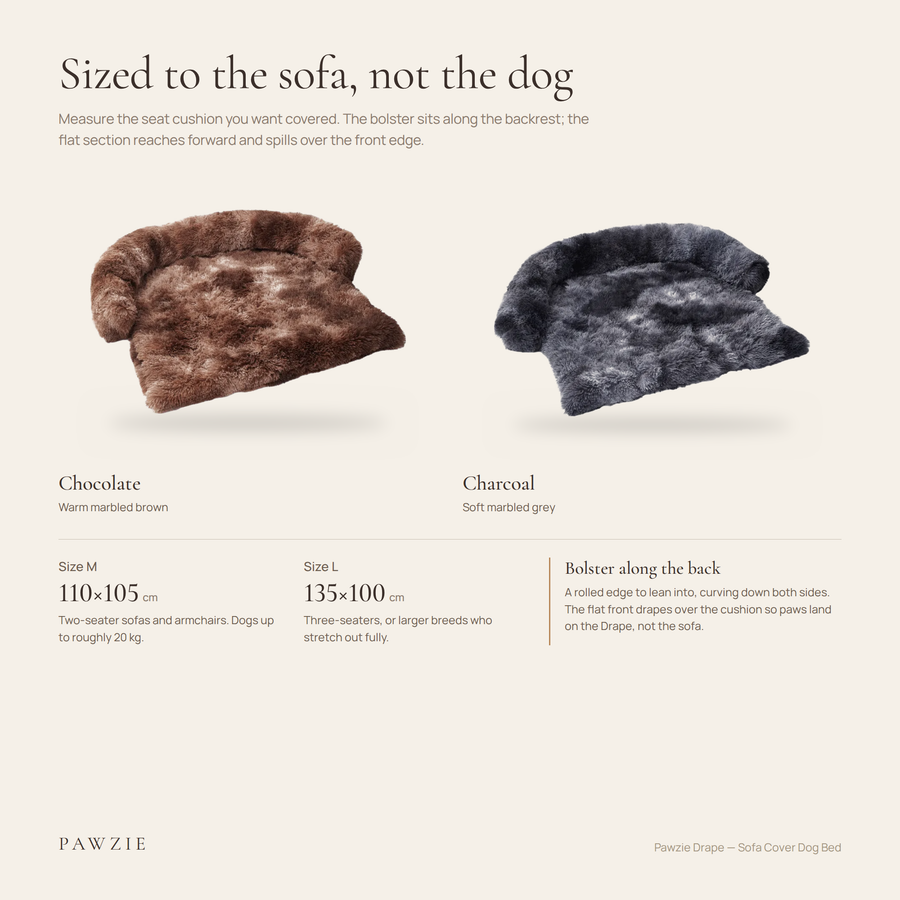 Pawzie Drape size guide: M 43 × 41 in and L 53 × 39 in, shown in Chocolate and Charcoal