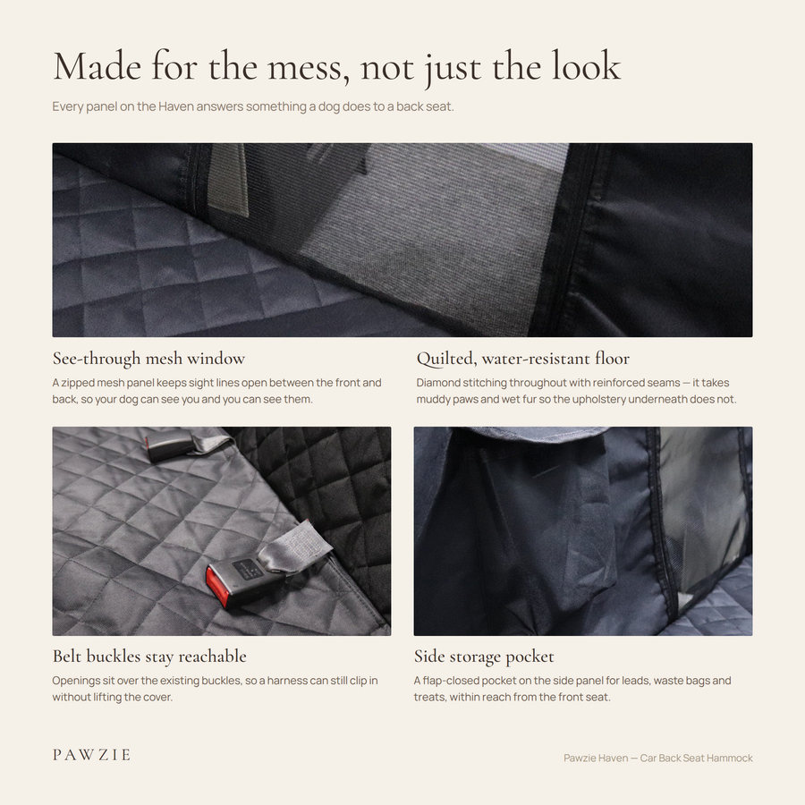 Pawzie Haven features: the nylon mesh divider down the centerline, quilted floor, seat belt openings and a side storage pocket
