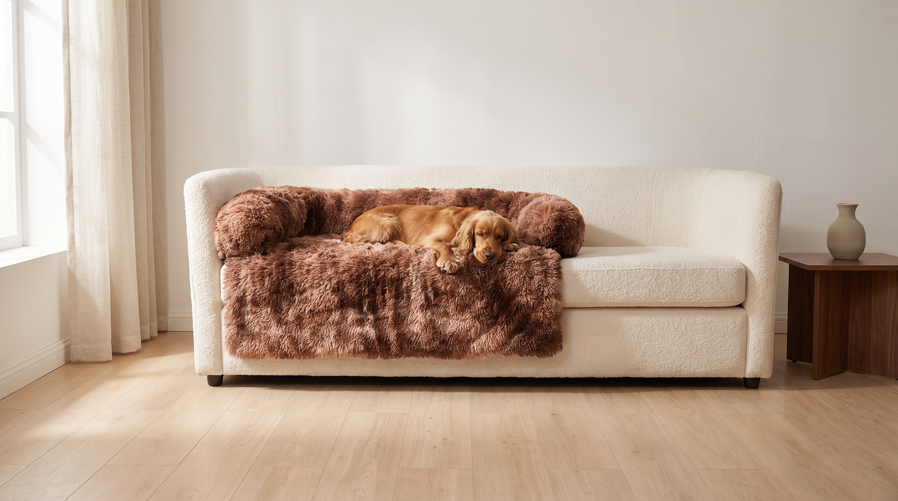A golden Cocker Spaniel asleep on the Pawzie Drape in Chocolate, spread across a cream boucle sofa in a calm living room