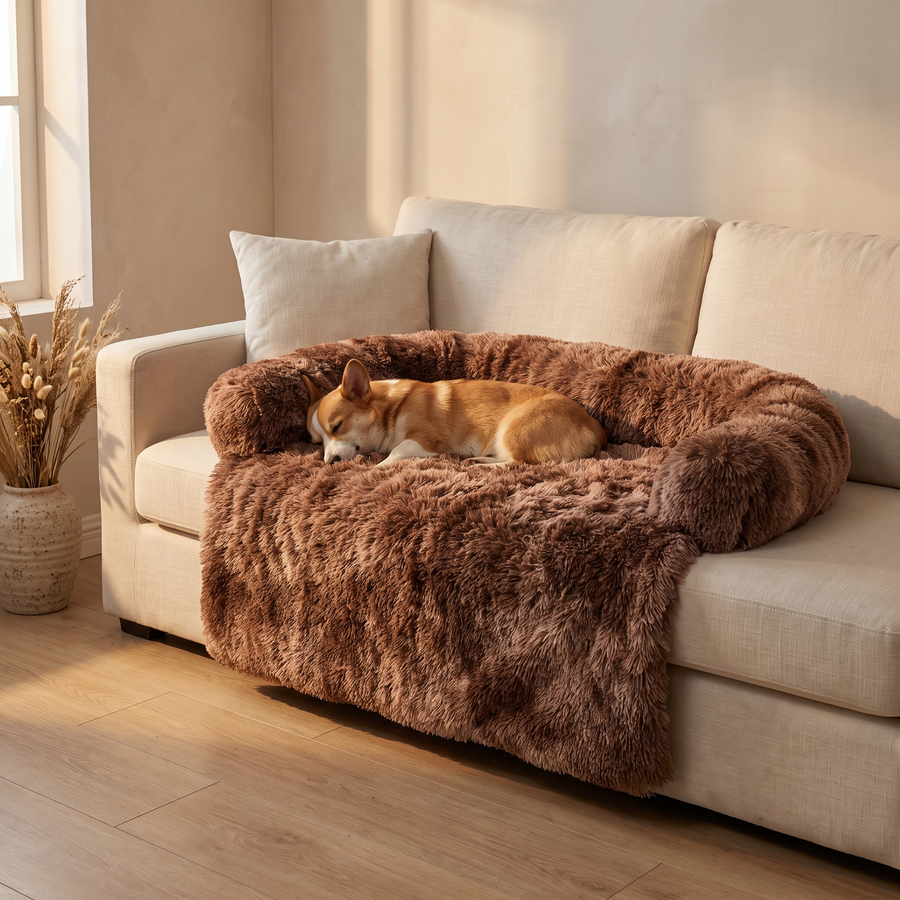 Pawzie Drape in Charcoal laid across a sofa seat, long-pile faux fur with a raised bolster
