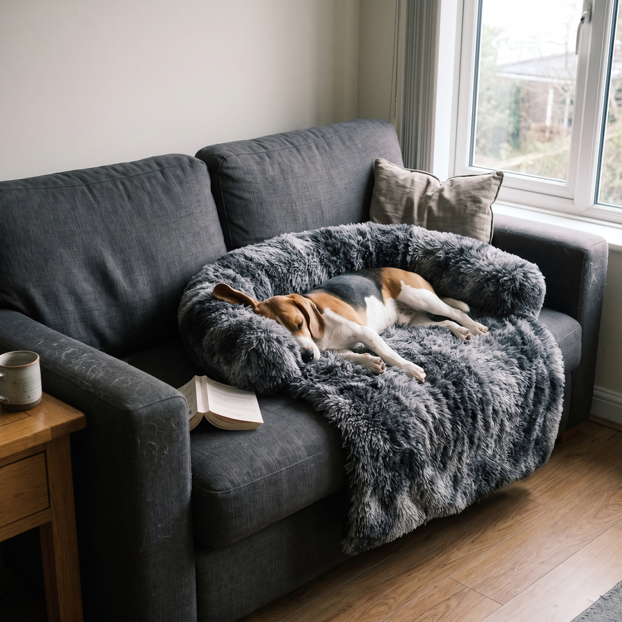 A dog asleep on the Pawzie Drape in Chocolate, spread across a cream sofa in a living room