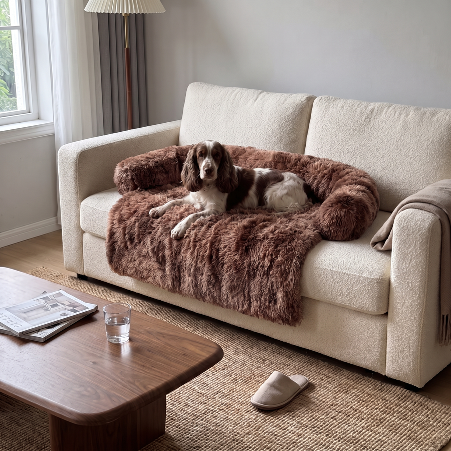 Pawzie Drape in Chocolate covering a two-seater sofa in a bright living room