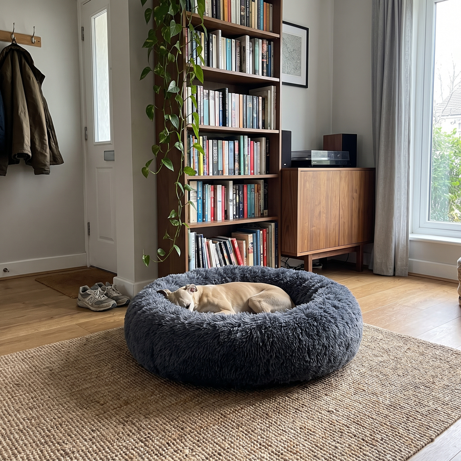 A dog curled up in the Charcoal Pawzie Halo donut bed in a living room with bookshelves