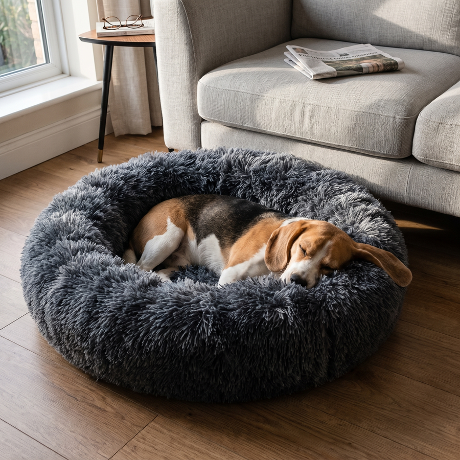 A small dog asleep in the Charcoal Pawzie Halo donut bed on a wooden floor