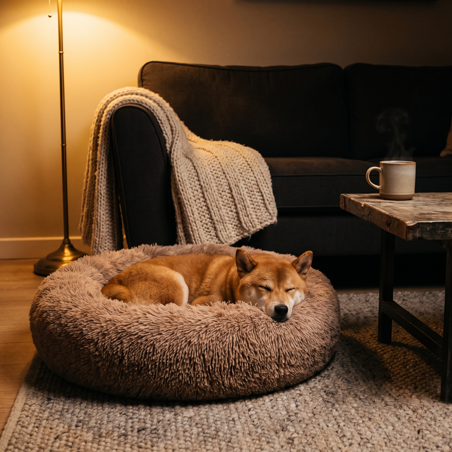 A Shiba Inu asleep in the Mocha Pawzie Halo donut bed on a rug beside a dark sofa