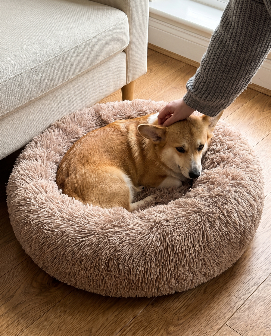 A Corgi resting in the Mocha Pawzie Halo donut bed beside a cream sofa