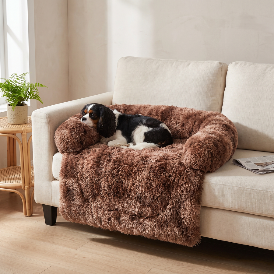 A dog stretched out on the Pawzie Drape in Chocolate, showing how the cover protects the sofa seat