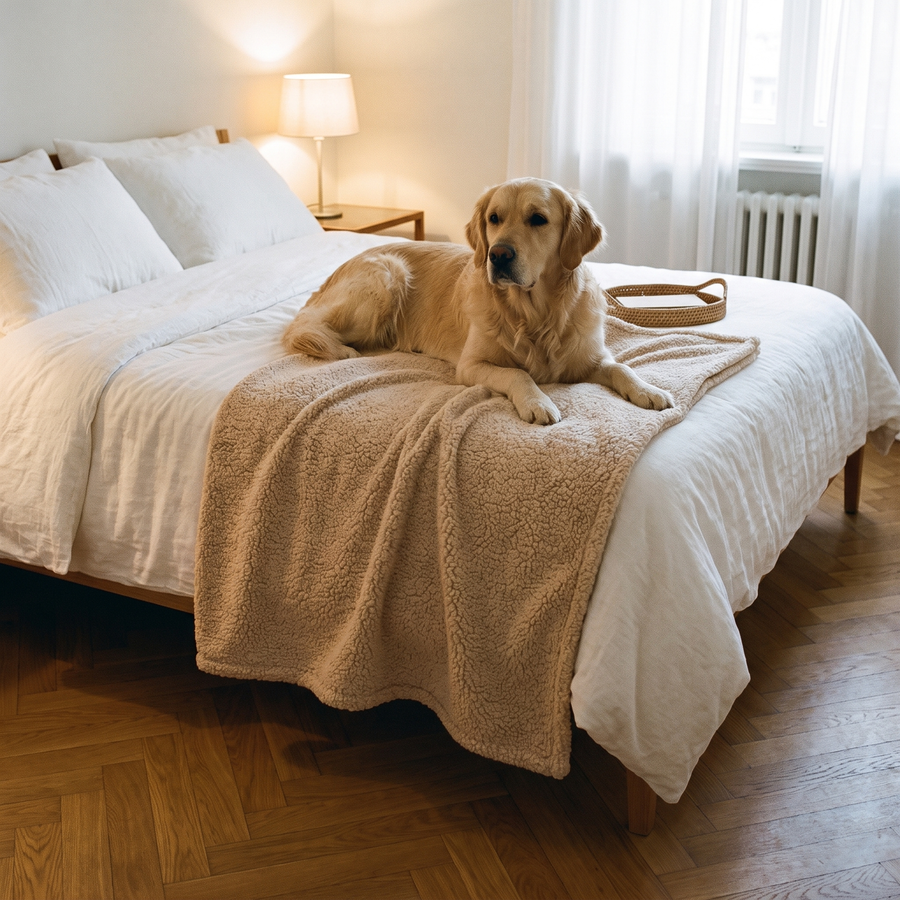 A Golden Retriever lying on the Beige Pawzie Throw spread across a bed