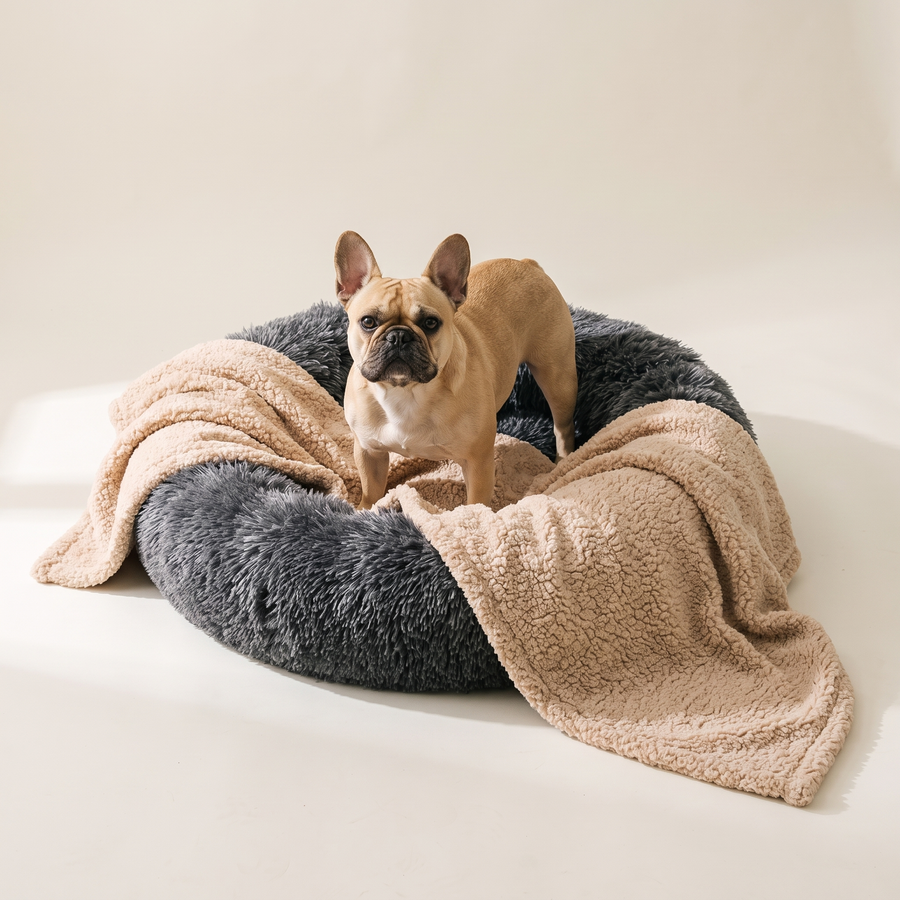 A French Bulldog on a donut bed with the Beige Pawzie Throw layered over it