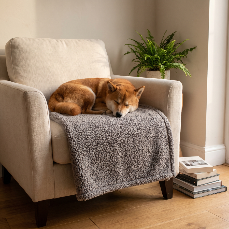 A dog asleep on an armchair covered with the Gray Pawzie Throw
