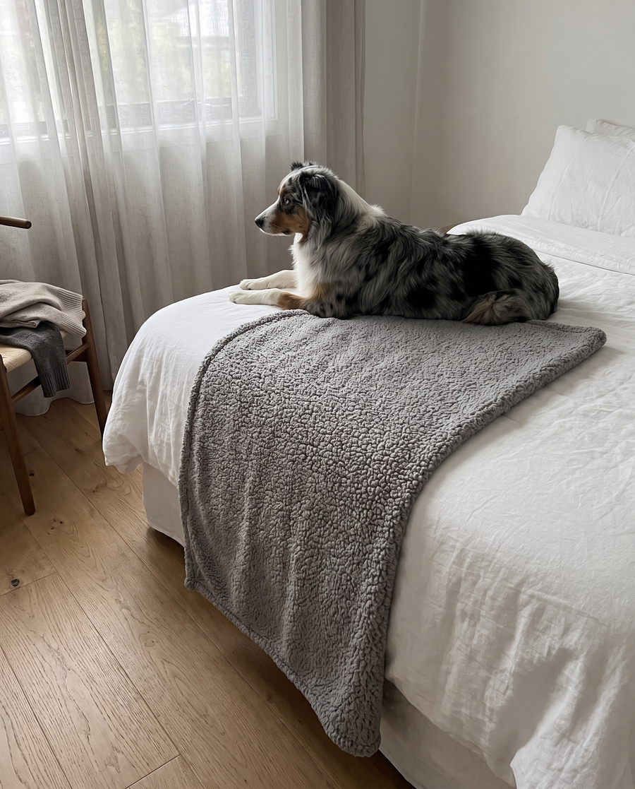 A dog lying on the Gray Pawzie Throw spread across a bed