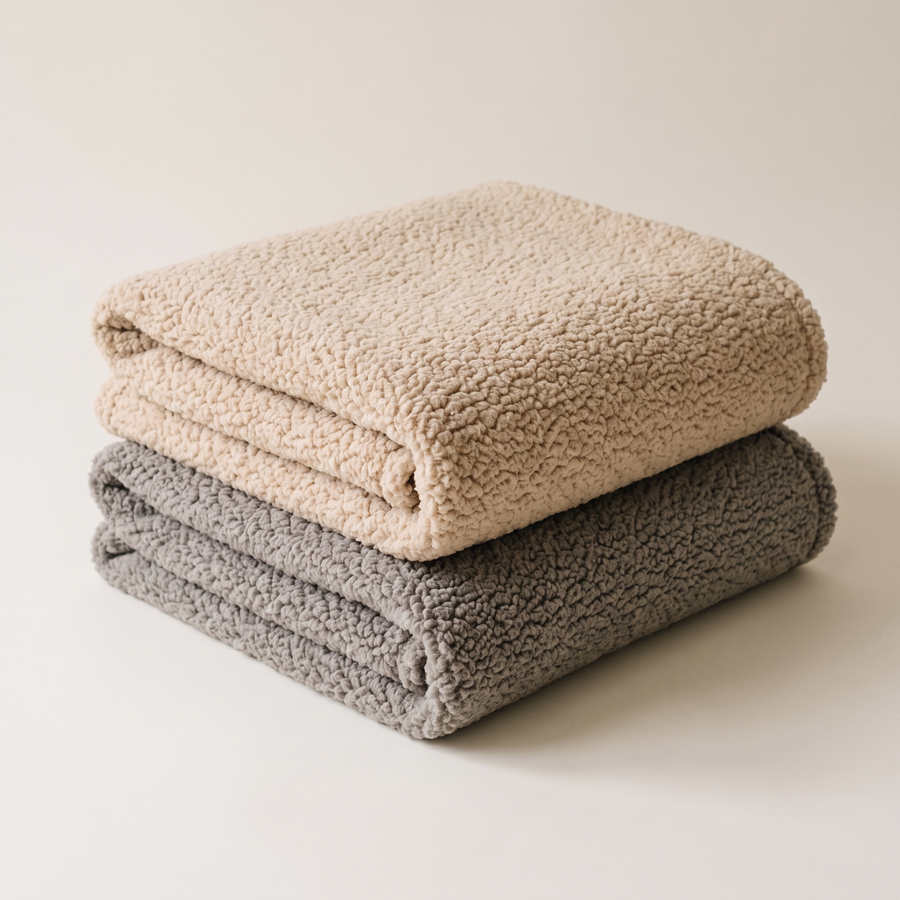 Pawzie Throw shown folded in both Beige and Gray, side by side
