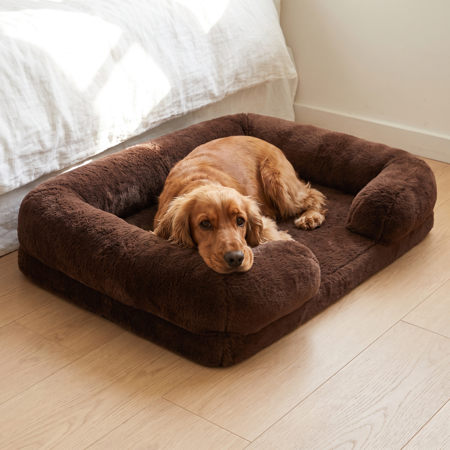 A Cocker Spaniel lying in the Pawzie Lounge in Brown on a pale oak floor beside a bed