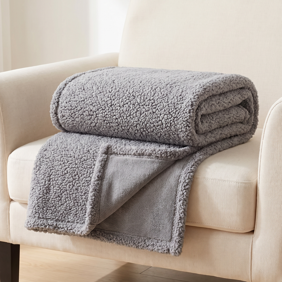 The Pawzie Throw in Gray folded over the arm of a cream armchair, showing both the sherpa face and the smooth reverse