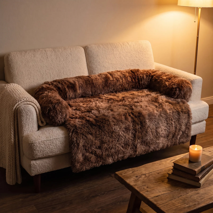 Pawzie Drape in Chocolate spread across a sofa in a warmly lit living room