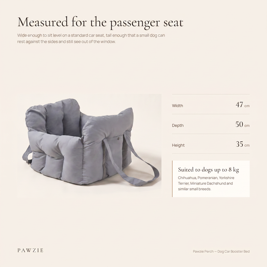 Pawzie Perch in gray with measurements: 18.5 in wide, 19.5 in deep, 13.5 in high, suited to dogs up to roughly 18 lb