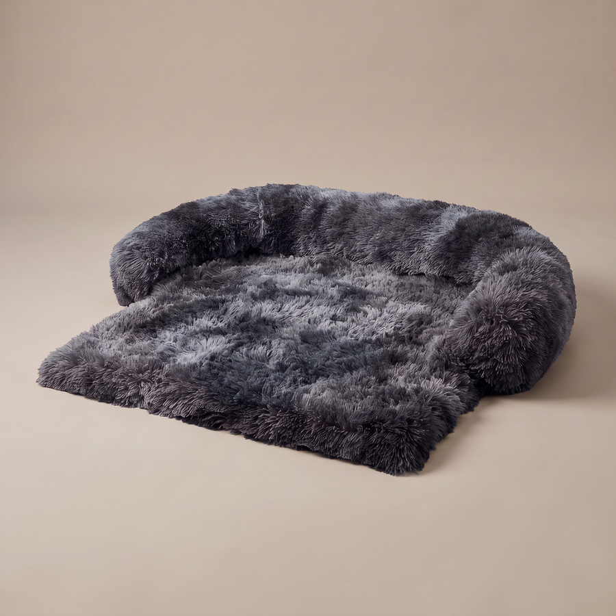 Pawzie Drape sofa cover dog bed shown flat, showing the bolster edge and the front section that spills over the cushion