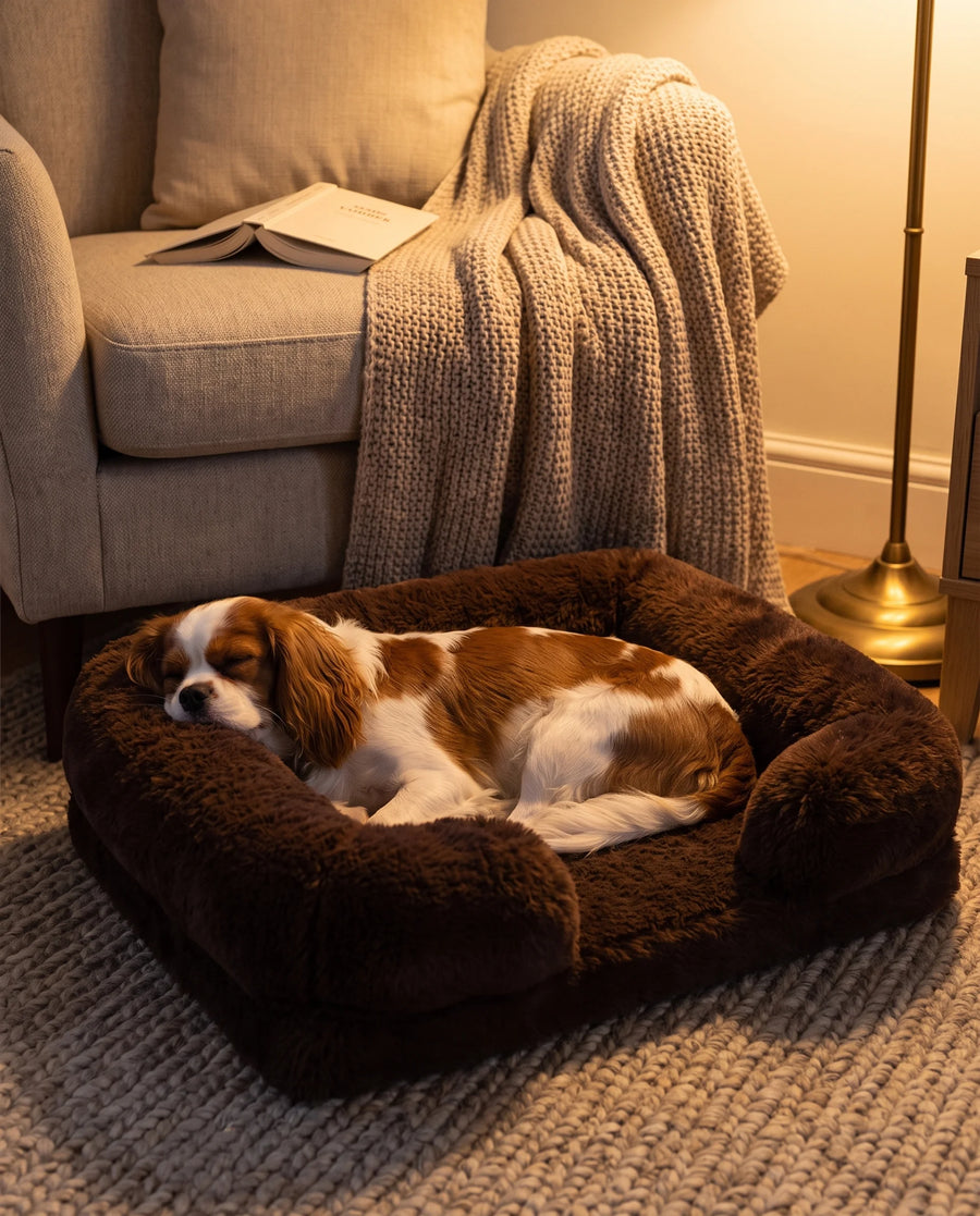 A Cavalier King Charles Spaniel asleep in the Brown Pawzie Lounge in a warmly lit bedroom