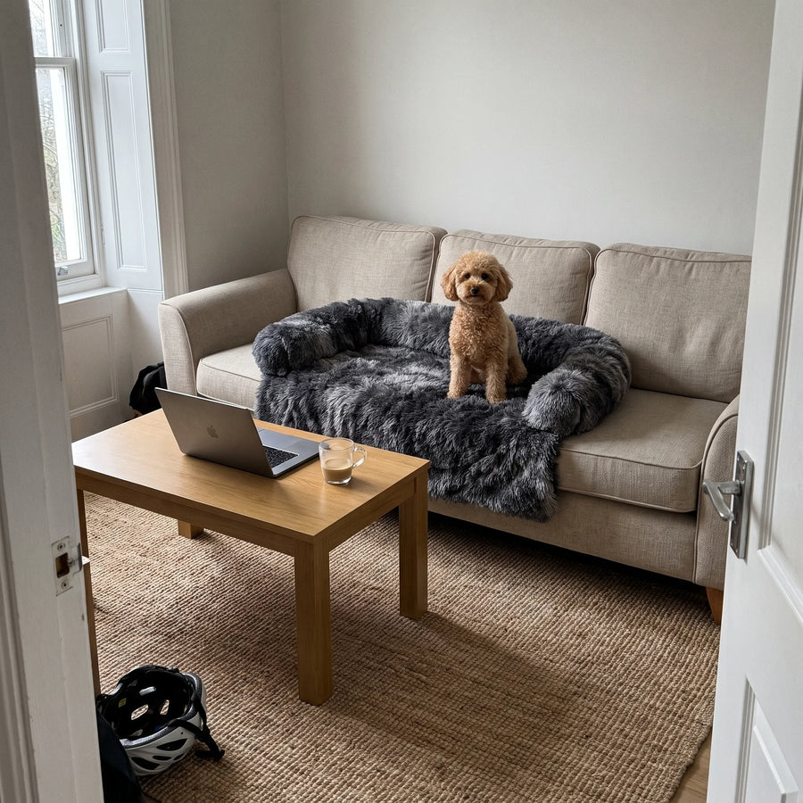 Pawzie Drape in Charcoal on a light sofa, with a small dog resting beside it