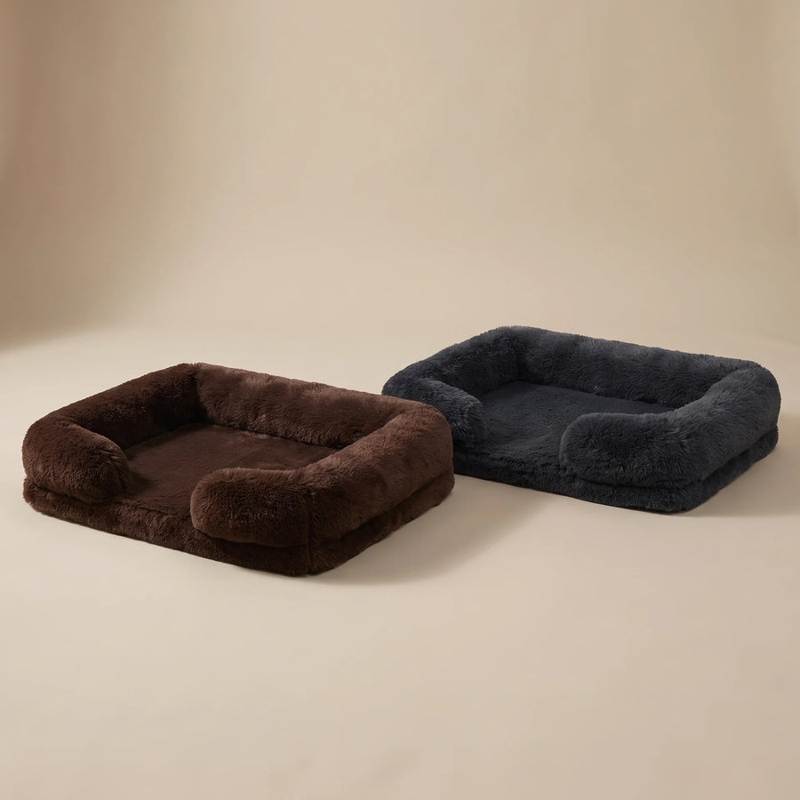 Pawzie Lounge bolstered dog bed shown in both Brown and Dark Gray, side by side
