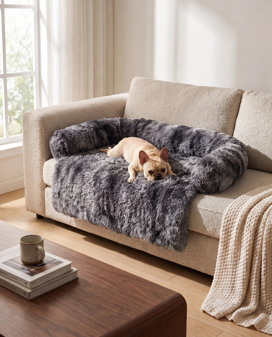 Pawzie Drape in Charcoal covering a sofa seat, seen from the side