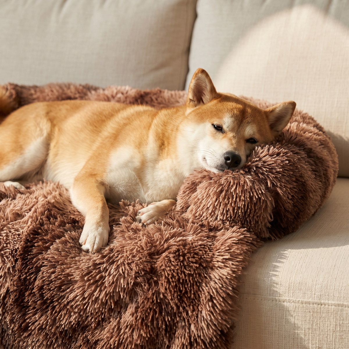 The Pawzie Drape in Charcoal protecting a dark sofa, with a dog resting against the bolster