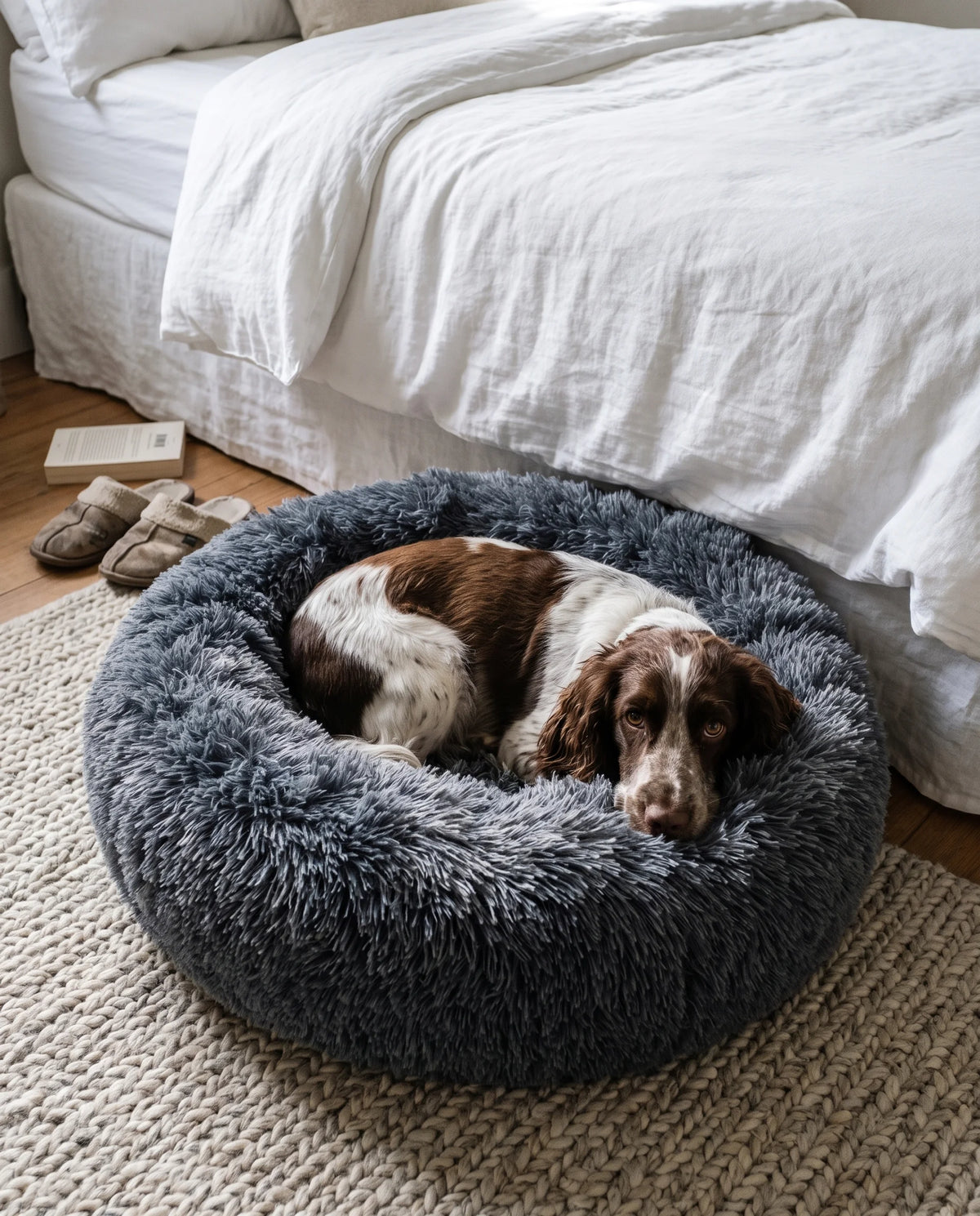 A dog asleep in the Charcoal Pawzie Halo donut bed at the foot of a bed