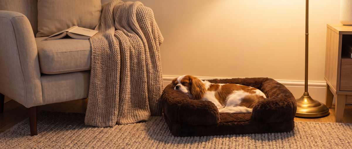 A Cavalier King Charles Spaniel asleep in the Pawzie Lounge in Brown, on a rug beside an armchair and a floor lamp