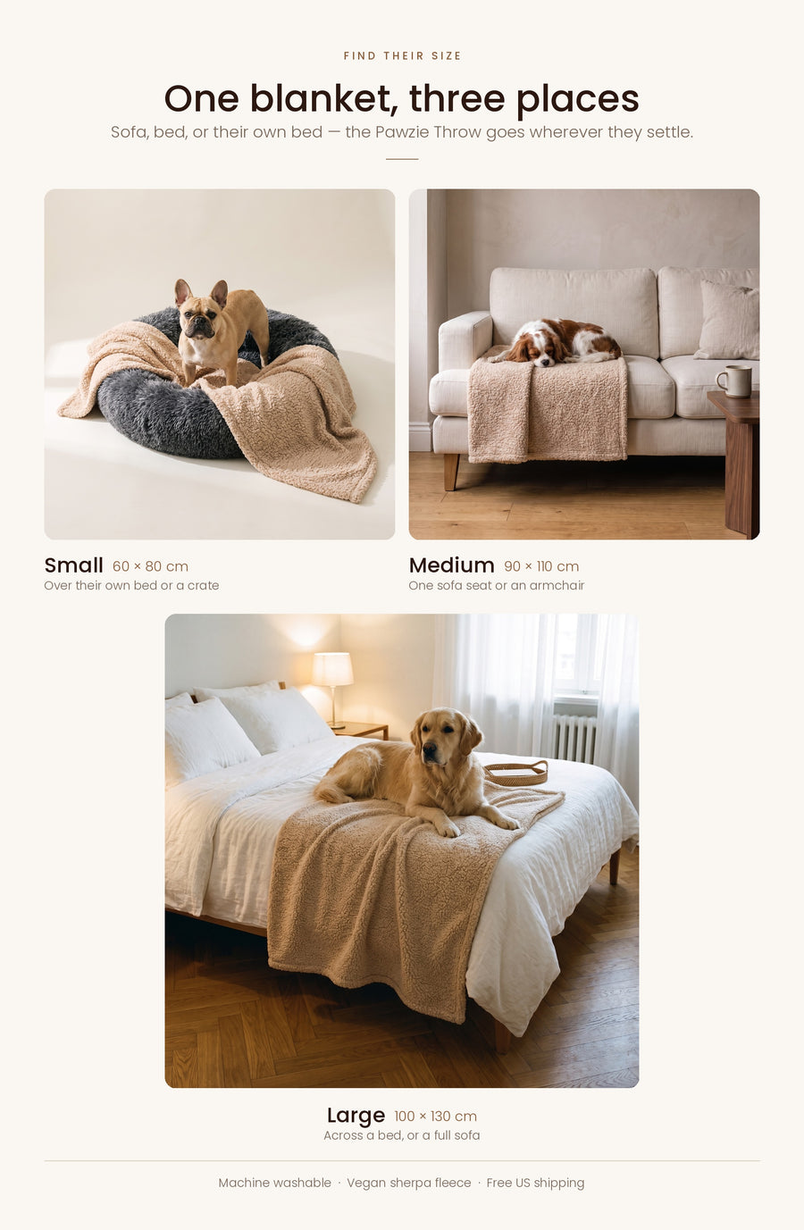 One blanket, three places: the Pawzie Throw shown on a dog bed, a sofa and a bed