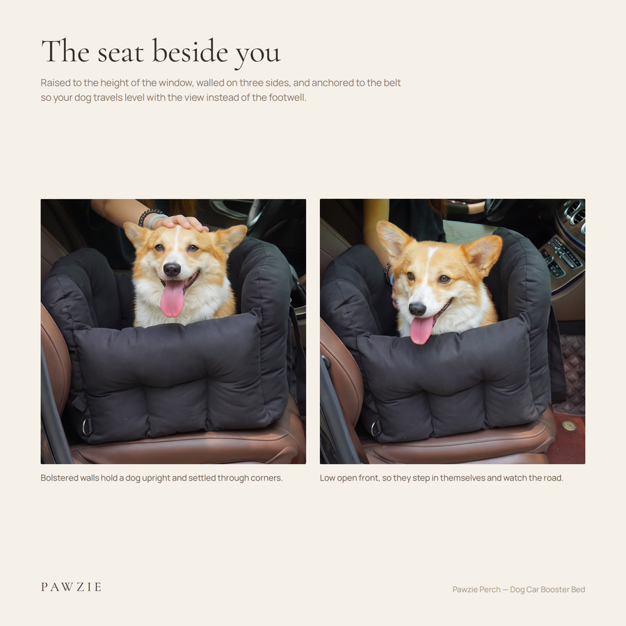 Two views of the Pawzie Perch booster bed on a car seat, showing the padded side walls and the low open front