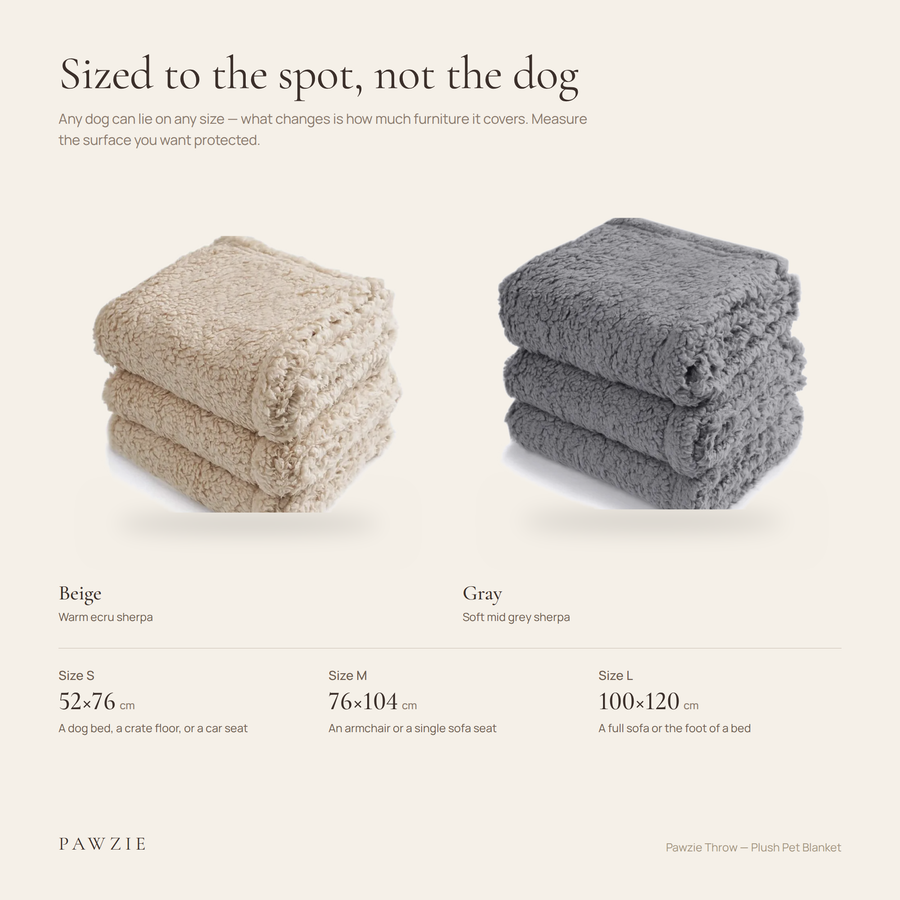 Pawzie Throw size guide: S 20 × 30 in, M 30 × 41 in, L 39 × 47 in, shown in Beige and Gray